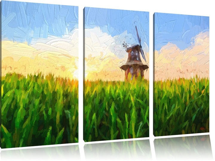 Pixxprint Windmühle auf dem Feld als Leinwandbild/Grösse: 3 Teilig (120x80) cm/Wandbild/Kunstdruck/f