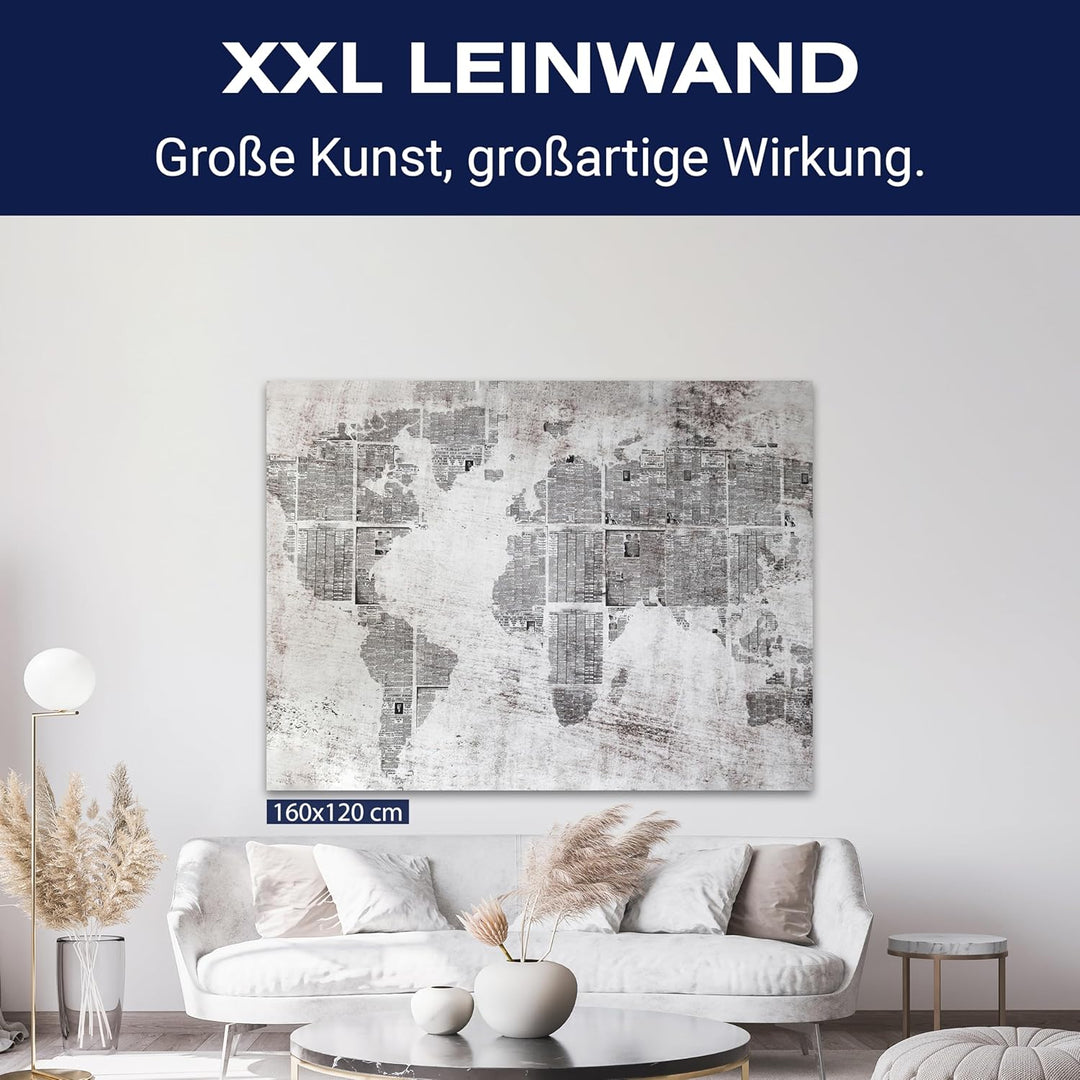 wandmotiv24 Weltkarte auf Leinwand, Grösse 40x30cm Querformat, Zeitungen, News, Zeitung, Beton, Grun