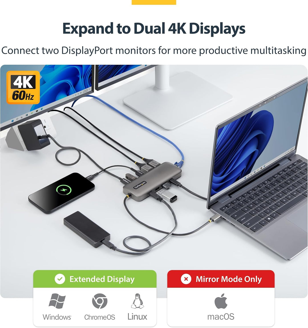 StarTech 9-in-1 USB-C Dock, Dual 4K DisplayPort, 100W, 10Gbit/s, GbE, SD