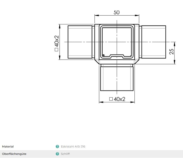 Sellon24® Verbinder Eckverbinder 40x40 V4A Edelstahl 4 - Wege Steckfitting Profil eckig A14/4309-040