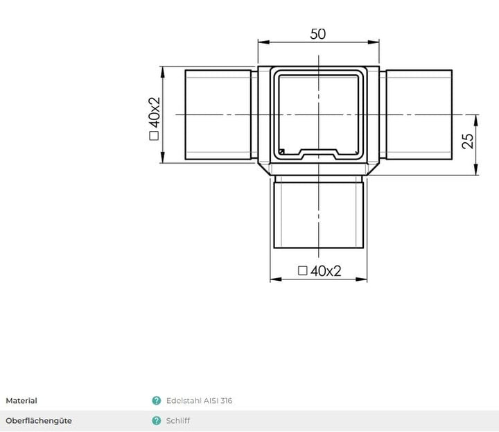 Sellon24® Verbinder Eckverbinder 40x40 V4A Edelstahl 4 - Wege Steckfitting Profil eckig A14/4309-040