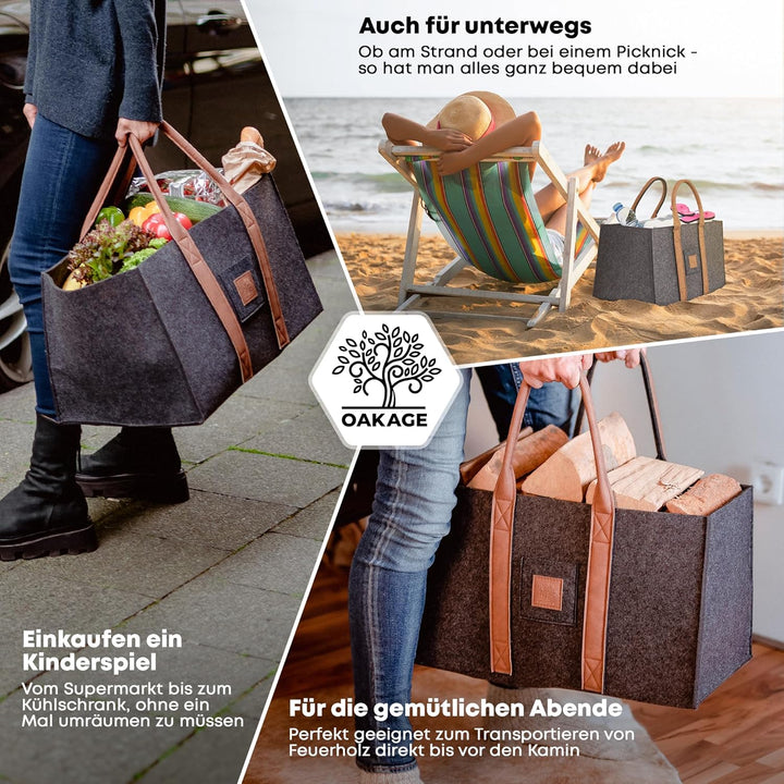 OAKAGE® Einkaufstaschen Faltbar [2er Set] Filztaschen Shopper Holzkorb für Kaminholz Gross Kaminholz