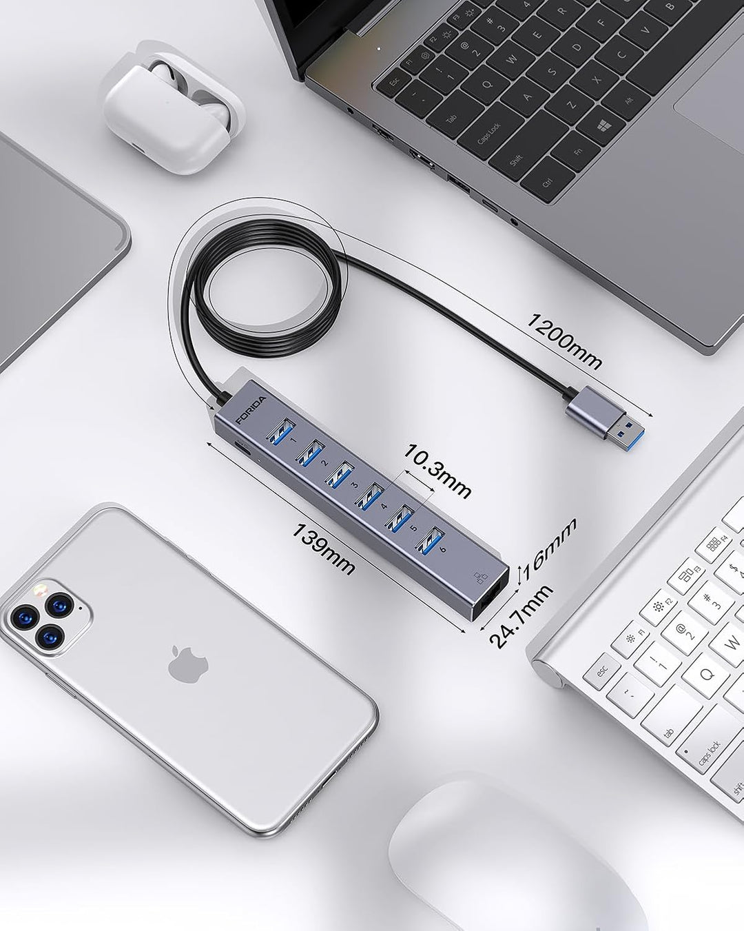 8Port USB Hub 3.0 mit 120cm Kabel, USB zu Netzwerk-Hub mit 6 3.0 Ports und 1000Mbps LAN Adapter, 5V/