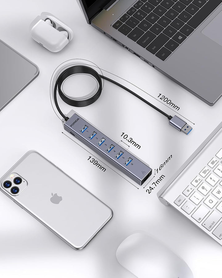 8Port USB Hub 3.0 mit 120cm Kabel, USB zu Netzwerk-Hub mit 6 3.0 Ports und 1000Mbps LAN Adapter, 5V/
