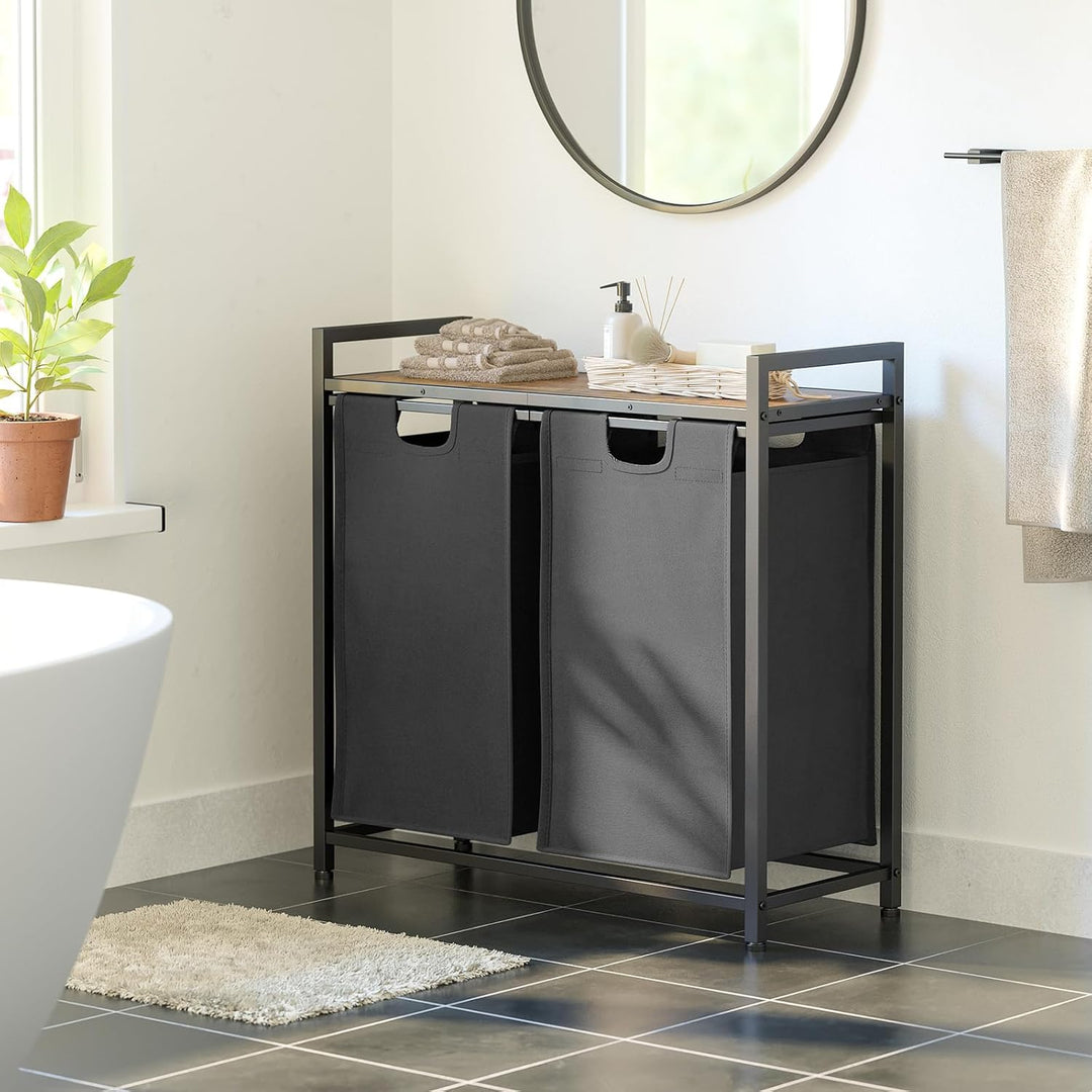 AMHANCIBLE Wäschekorb 2 Fächer, Wäschesammler mit Ablage, Wäschebox, Wäschesack aus Oxford-Gewebe au