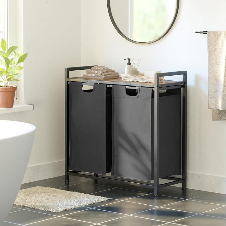 AMHANCIBLE Wäschekorb 2 Fächer, Wäschesammler mit Ablage, Wäschebox, Wäschesack aus Oxford-Gewebe au