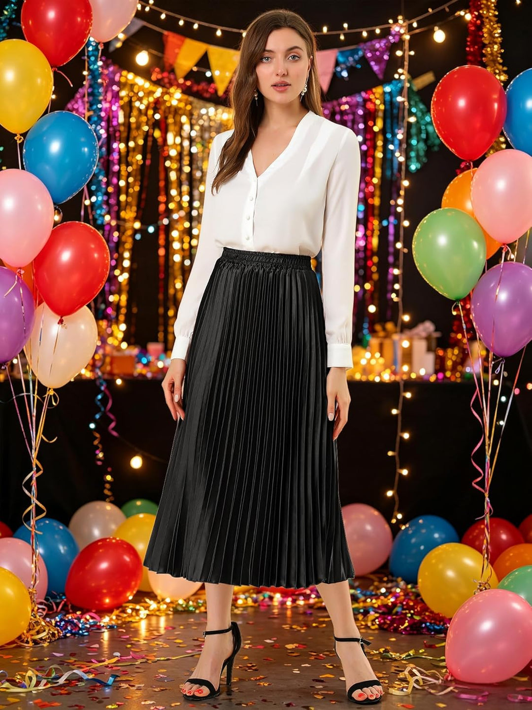Allegra K Damen Maxi Faltenrock Hohe Taille Plisseerock A-Linie Elastisch Swing Eleganter Rock S Sch