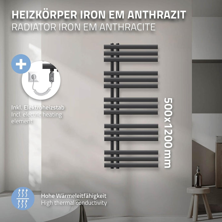 ECD Germany Iron EM Design Badheizkörper Elektrisch mit Heizstab 900 W - 500 x 1200 mm - Anthrazit -