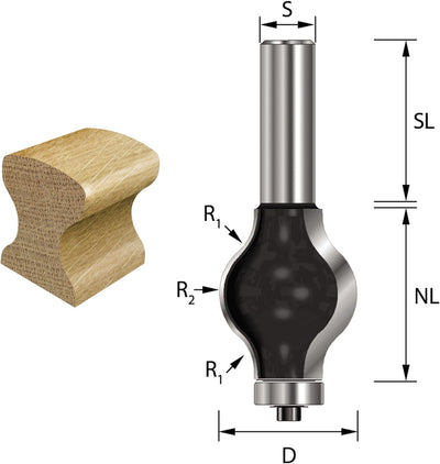 ENT 16800 Handlauf-Fräser Profil 3 HW, Schaft (S) 12 mm, Durchmesser (D) 31,8 mm, NL 38,1 mm, R1 9,5