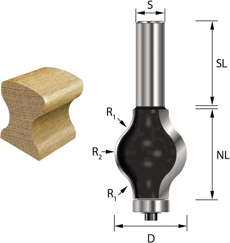 ENT 16800 Handlauf-Fräser Profil 3 HW, Schaft (S) 12 mm, Durchmesser (D) 31,8 mm, NL 38,1 mm, R1 9,5
