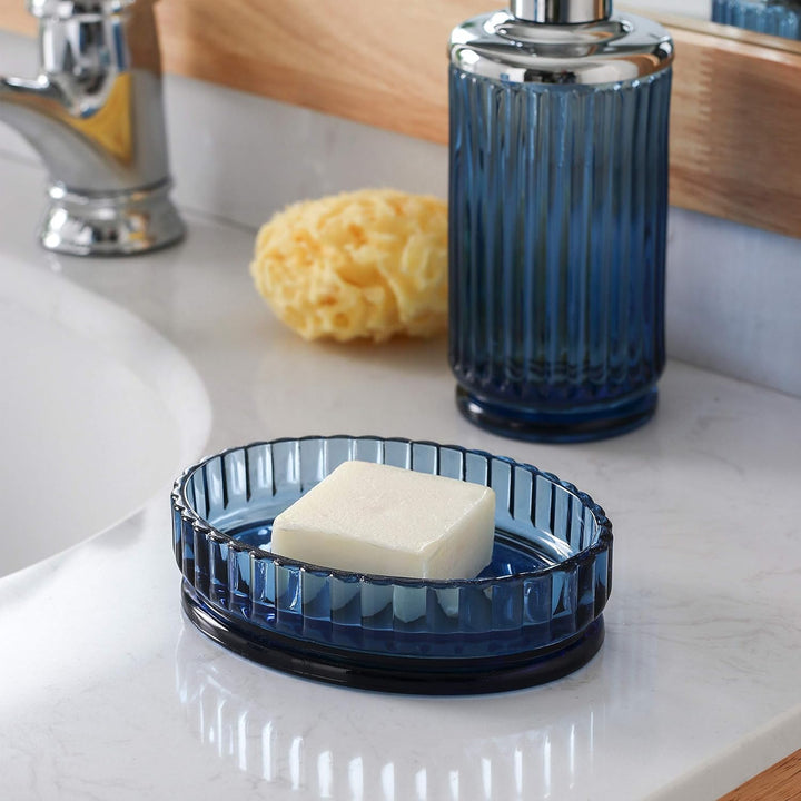 Badezimmer-Zubehör-Set aus schwerem blauem Glas mit dekorativem gepresstem Muster – inklusive Handse