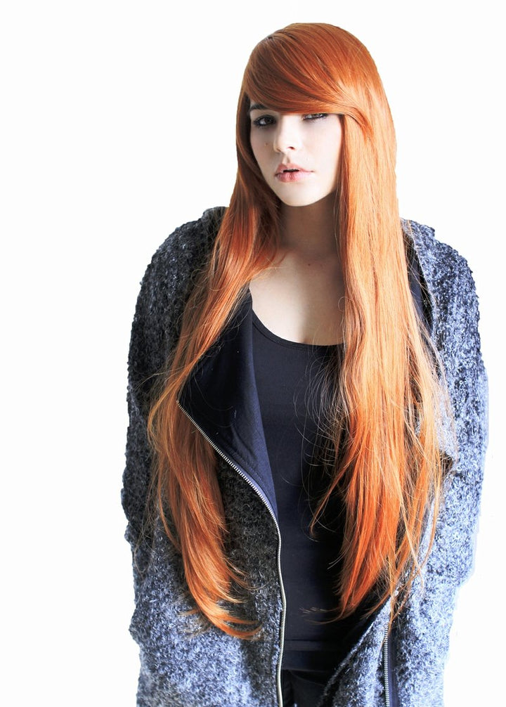 Prettyland Damen voluminös Langhaar-Perücke lange Glatte Wig für halloween Manga in Kupfer-rot Rot-O