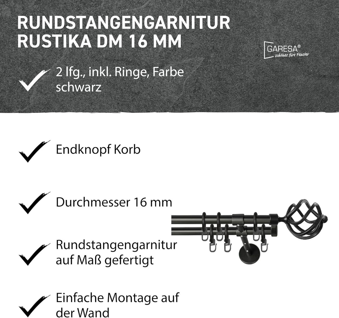 Garesa Gardinenstange Rustika Ø 16mm, 2-läufig, Schwarz I Rustikale Vorhangstange aus Metall inkl. R