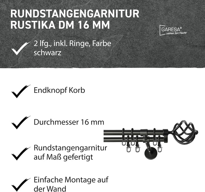 Garesa Gardinenstange Rustika Ø 16mm, 2-läufig, Schwarz I Rustikale Vorhangstange aus Metall inkl. R