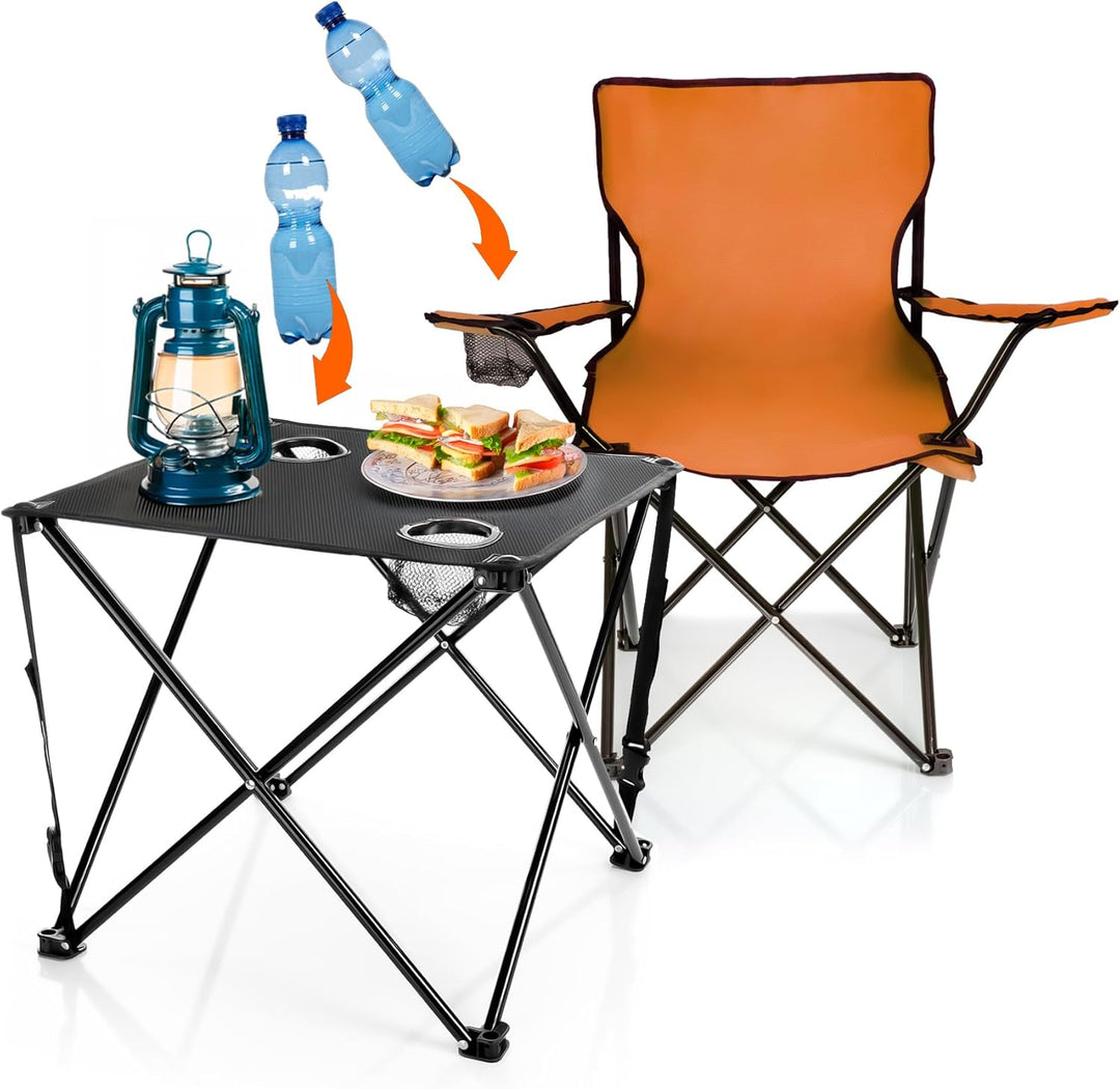 BigDean 2 Stück Campingstuhl mit Campingtisch faltbar – Faltstuhl in Neon Orange mit Getränkehalter