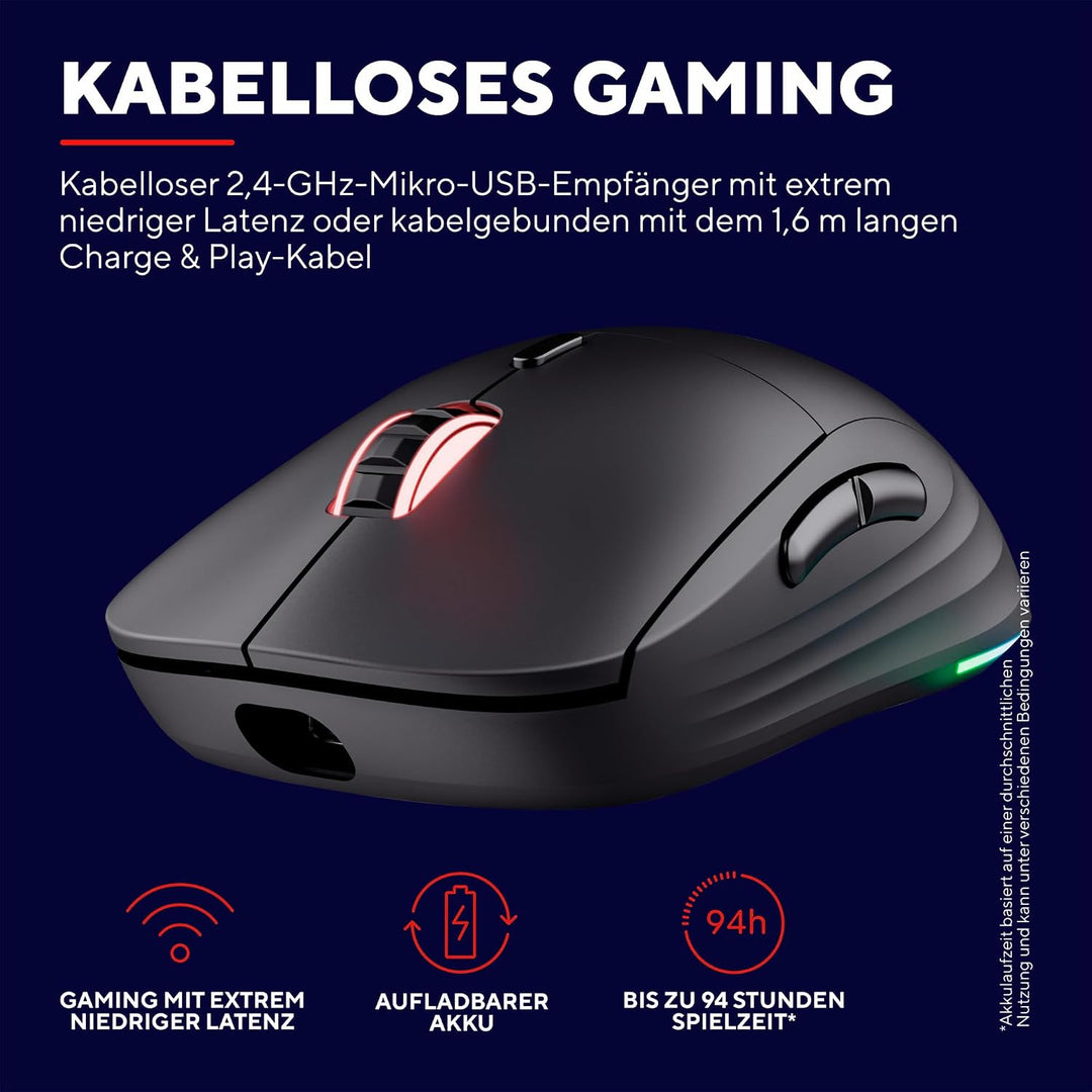 GXTrust Redex+ Gaming Maus Kabellos 25K DPI 2.4GHz Kailh-Schalter, Schwarz