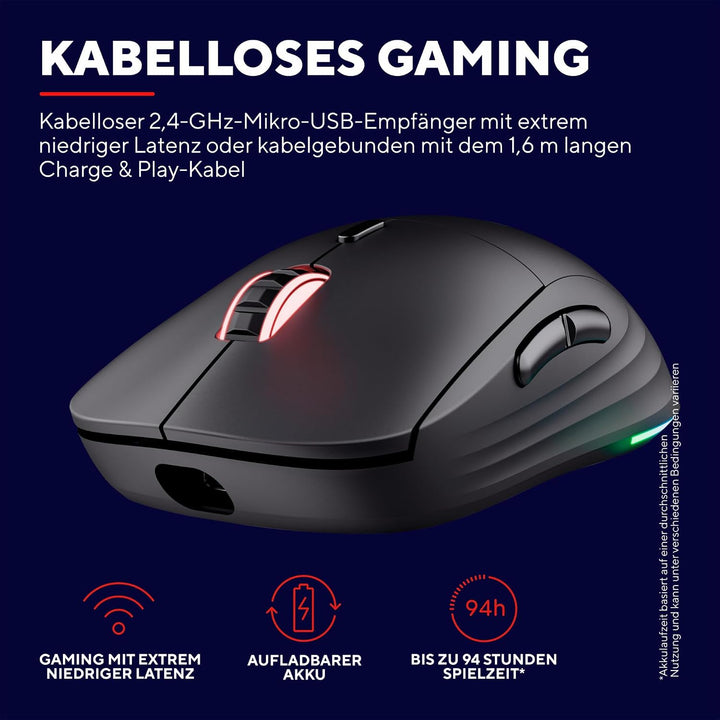 GXTrust Redex+ Gaming Maus Kabellos 25K DPI 2.4GHz Kailh-Schalter, Schwarz