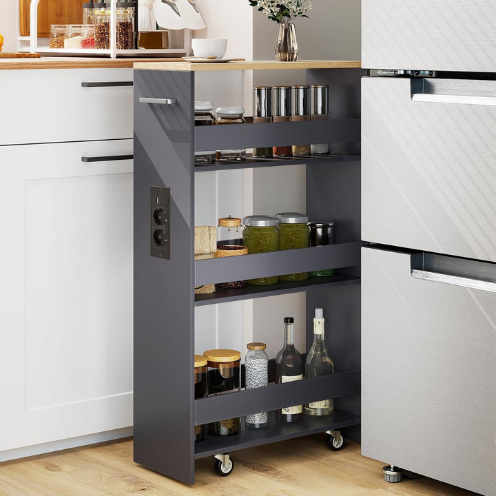 COSTWAY Nischenwagen 20cm breit, 4 Etagen Küchenwagen schmal mit Ladestation, Nischenregal auf Rolle