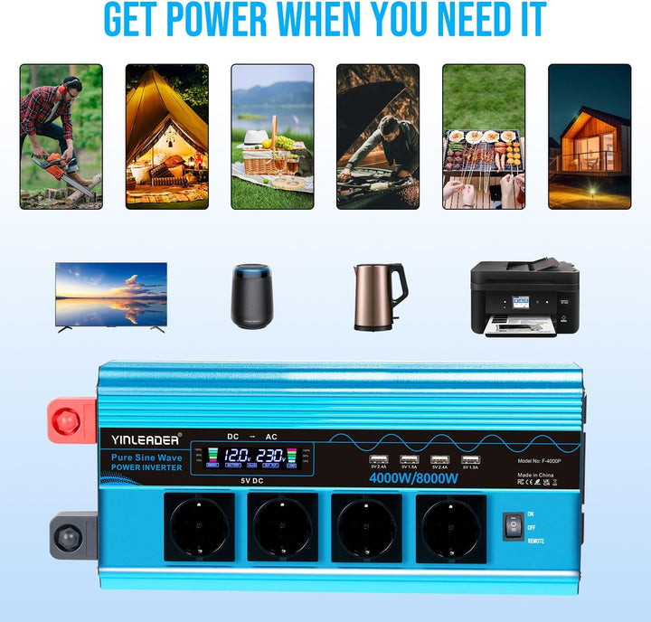 Wechselrichter 4000W Spannungswandler Reiner Sinus 12V 230V mit 4 Europäische Steckdose und 4 USB-An