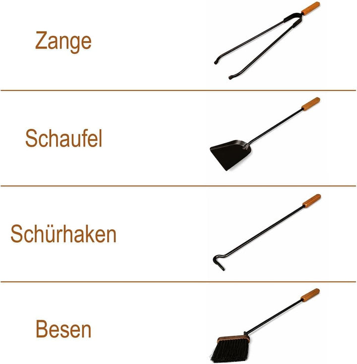 MS Beschläge Kaminbesteck schwarz Stahl mit Holzgriff Eiche – Kamingarnitur 5-teilig mit Ständer, Be