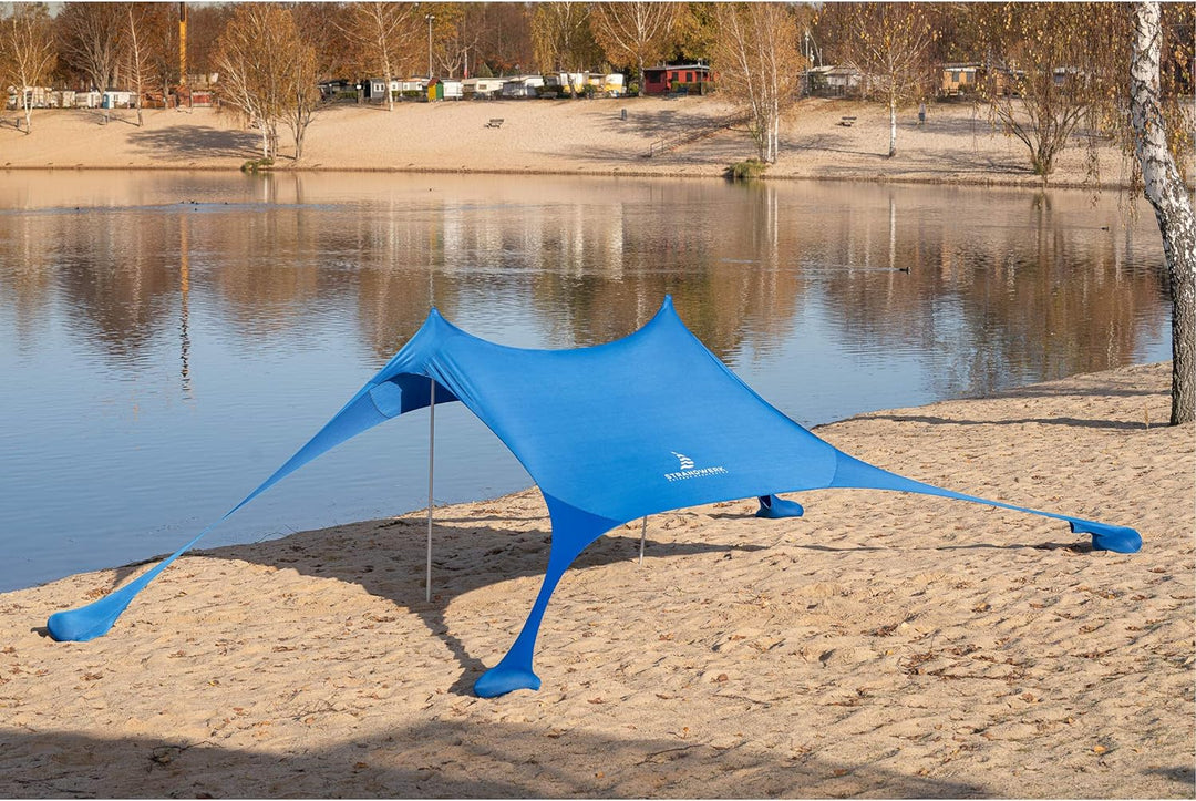 Premium Lycra Strandzelt – Strandmuschel Pop-Up Sonnensegel „Ole“ mit Alu-Stangen und befüllbaren Sa