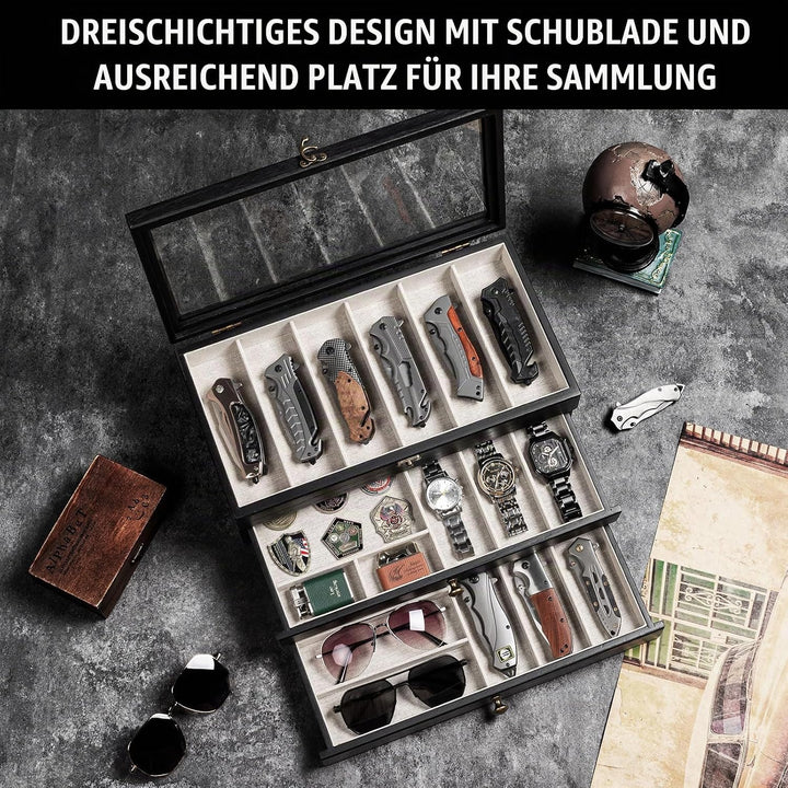 Messerhalter, 3-stöckige Messerständer, Messer-Vitrine für Messersammlungen mit transparentem Deckel