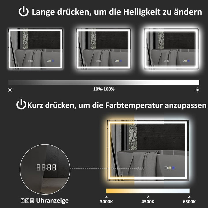 HOMCOM Badspiegel mit Beleuchtung 80x60 cm LED Spiegel Wandspiegel mit Bluetooth-Musikfunktion Memor