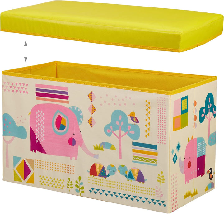 Relaxdays Sitzbox Kinder, Faltbare Aufbewahrungsbox mit Stauraum, Deckel, Motiv Tiere, Jungen & Mädc