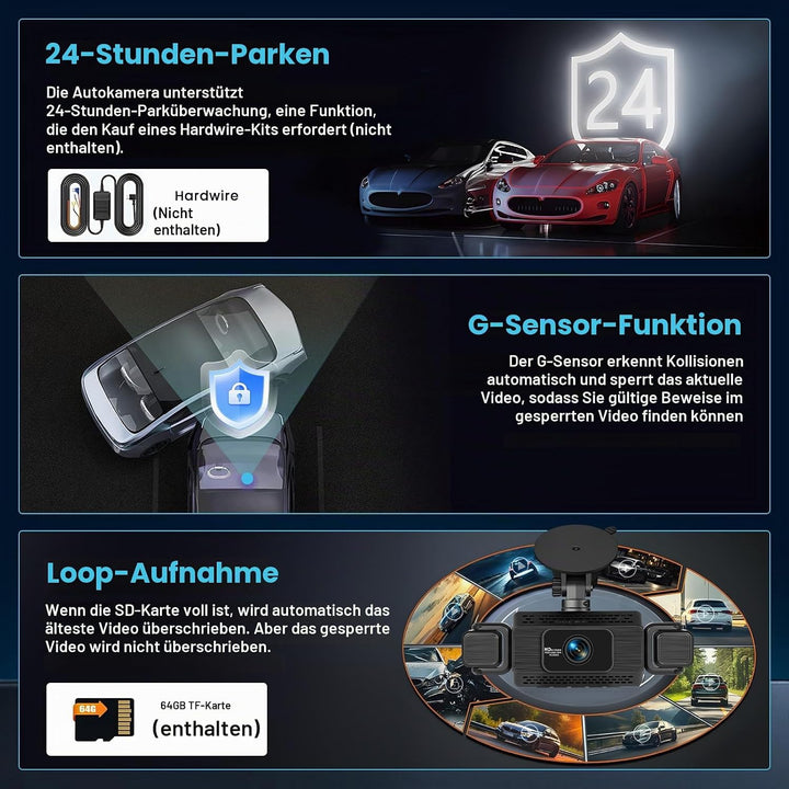 WiFi Dashcam Auto 4 Kanal, 360 Grad Dashcam FHD Vorne Hinten Innen Links und Rechts –Loop-Aufnahme,