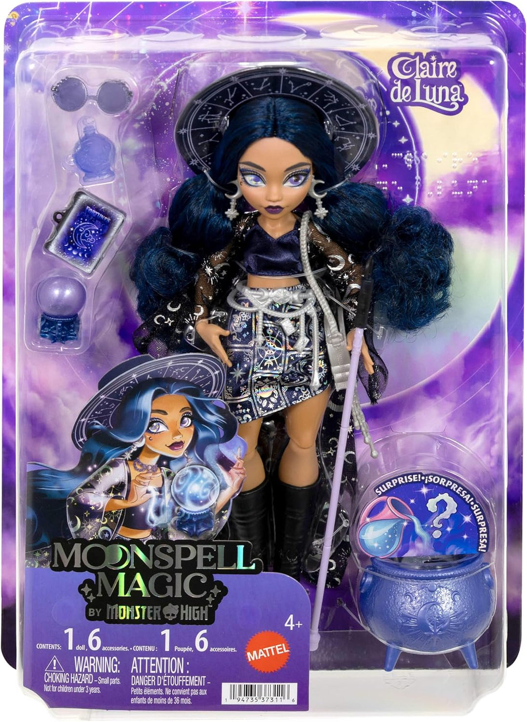 Monster High Puppe, Moonspell Magic by Wahrsager-Hexe Claire De Luna mit Überraschung im Kessel und