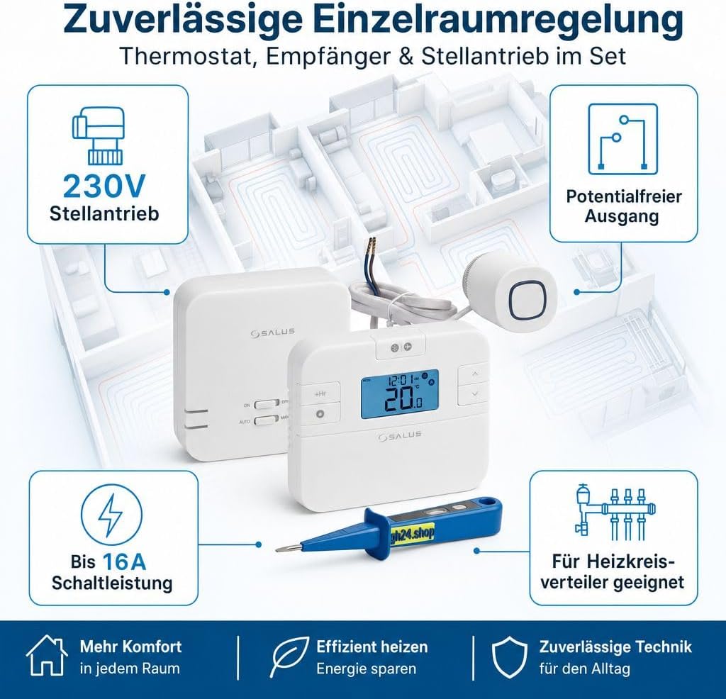 SmartHome Heizung Einzelraumregelung Digitaler Funk Raumthermostat mit Empfänger und 1 Stück Stellan