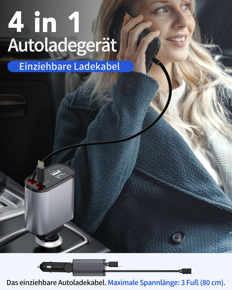 Aimtel Einziehbares Auto Ladegerät Zigarettenanzünder USB C KFZ Ladegerät Handy Ladegerät Auto Kompa