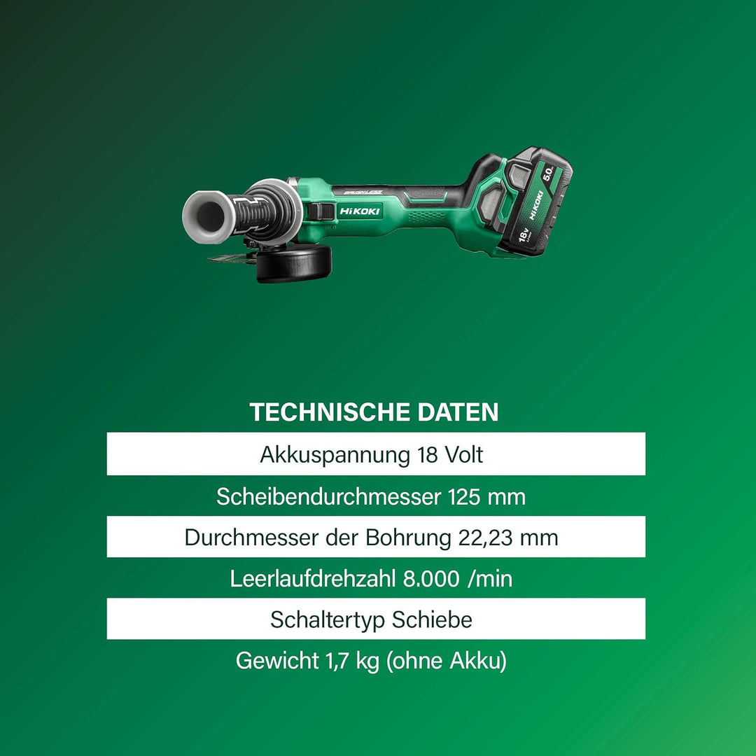 HiKOKI Akku-Winkelschleifer G1813DA (18V, 125mm, Brushless, Soft-Start, Zubehör)