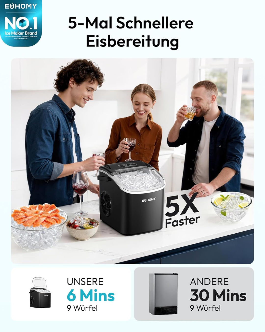EUHOMY Eiswürfelmaschine Klein, 12KG Eiswürfelbereiter Ice Maker, 9 Würfel in 6 Minuten fertig, Schw