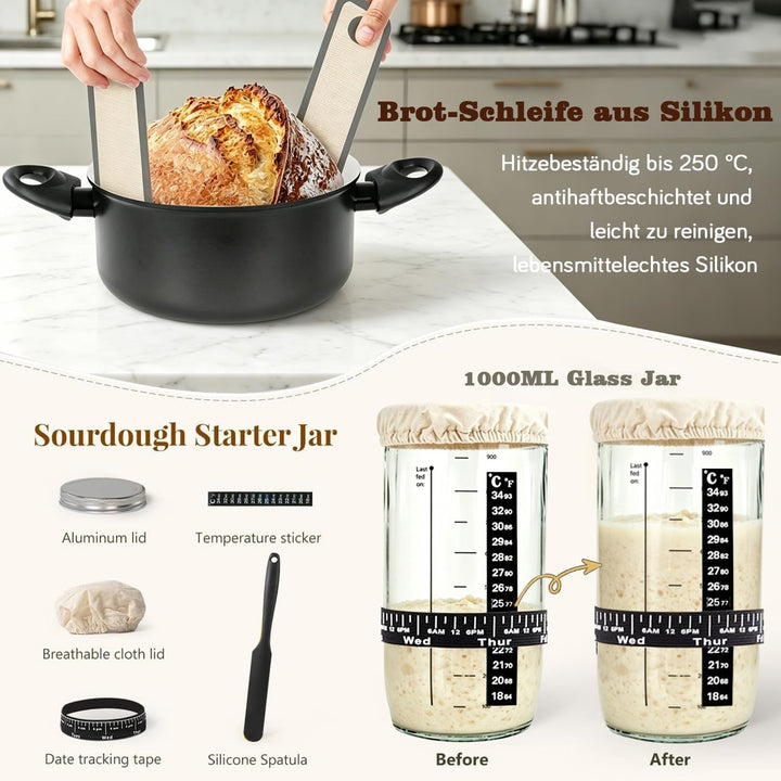 Sauerteig Starter Set, 30-teilig Gärkorb Brot, 30CM runde und ovale Silikon-Gärkörbe, Komplettset Br