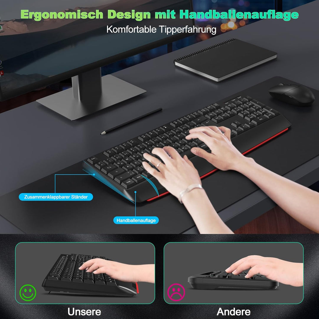 cimetech Tastatur Maus Set Kabellos, 2.4G Ergonomische Funktastatur mit Maus mit Handballenauflage u