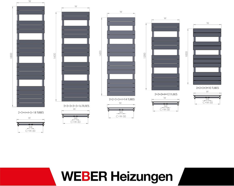 WEBER Badheizkörper Mittelanschluss Design Handtuchheizkörper Handtuchwärmer NEU in ver. Grössen (50