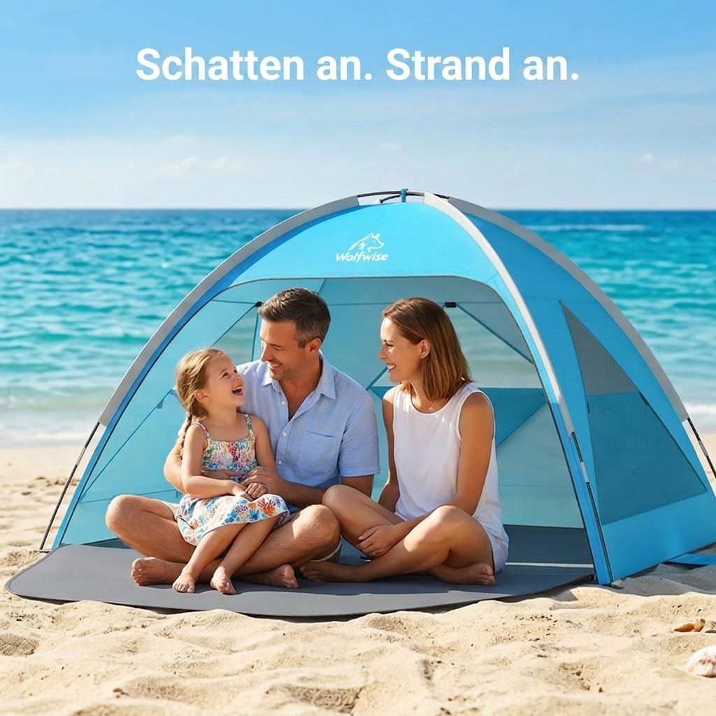 Wolfwise Strandmuschel UV Schutz, 3 Belüftungsfenster & Tragetasche, Strand Zelt mit erweiterbarem B