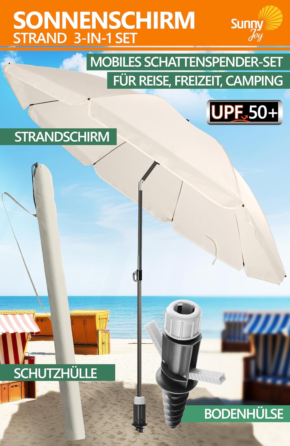 4smile Sonnenschirm Strand SunnyJoy 3-IN-1-SET, Fb. Beige - Strandschirm Ø 180 cm + Bodenhülse + Sch