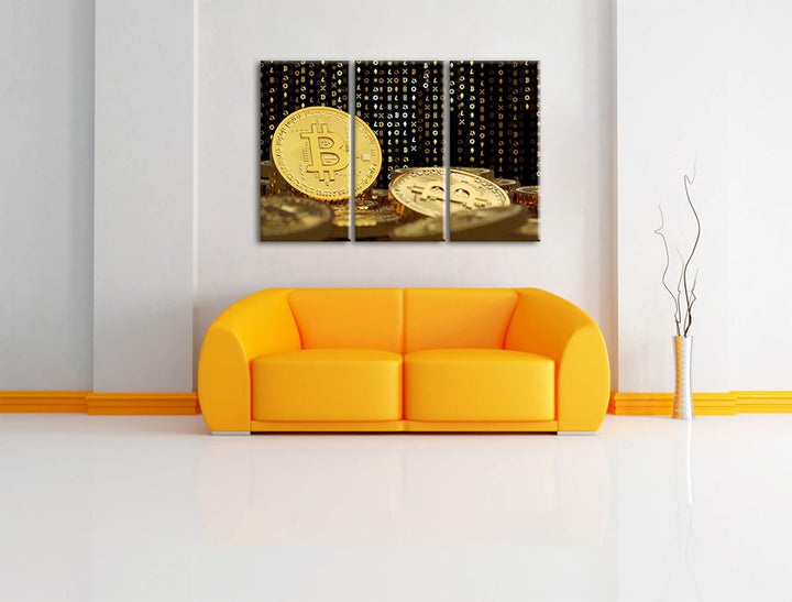 Bitcoin BTC Kryptowährung als Leinwandbild 3 teilig | Grösse: 120x80 cm | Wandbild | Kunstdruck | fe