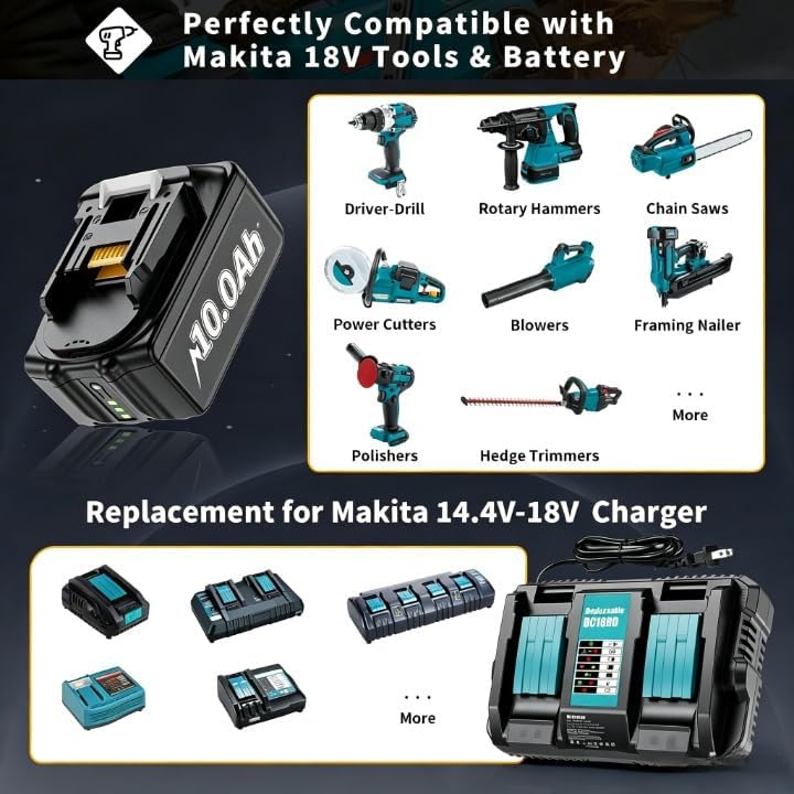 2 X 18V 10.0Ah Akku mit Ladegerät DC18RD 6A Ersatzakku für Makita Akku 18V | BL1850 BL1850B BL1830 B