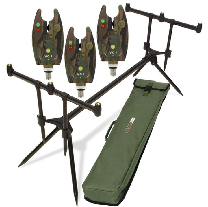 G8DS® Set Rod Pod Rutenhalter + Tragetasche inklusive 3 Bissanzeiger mit Lautstärkeregler für + LED