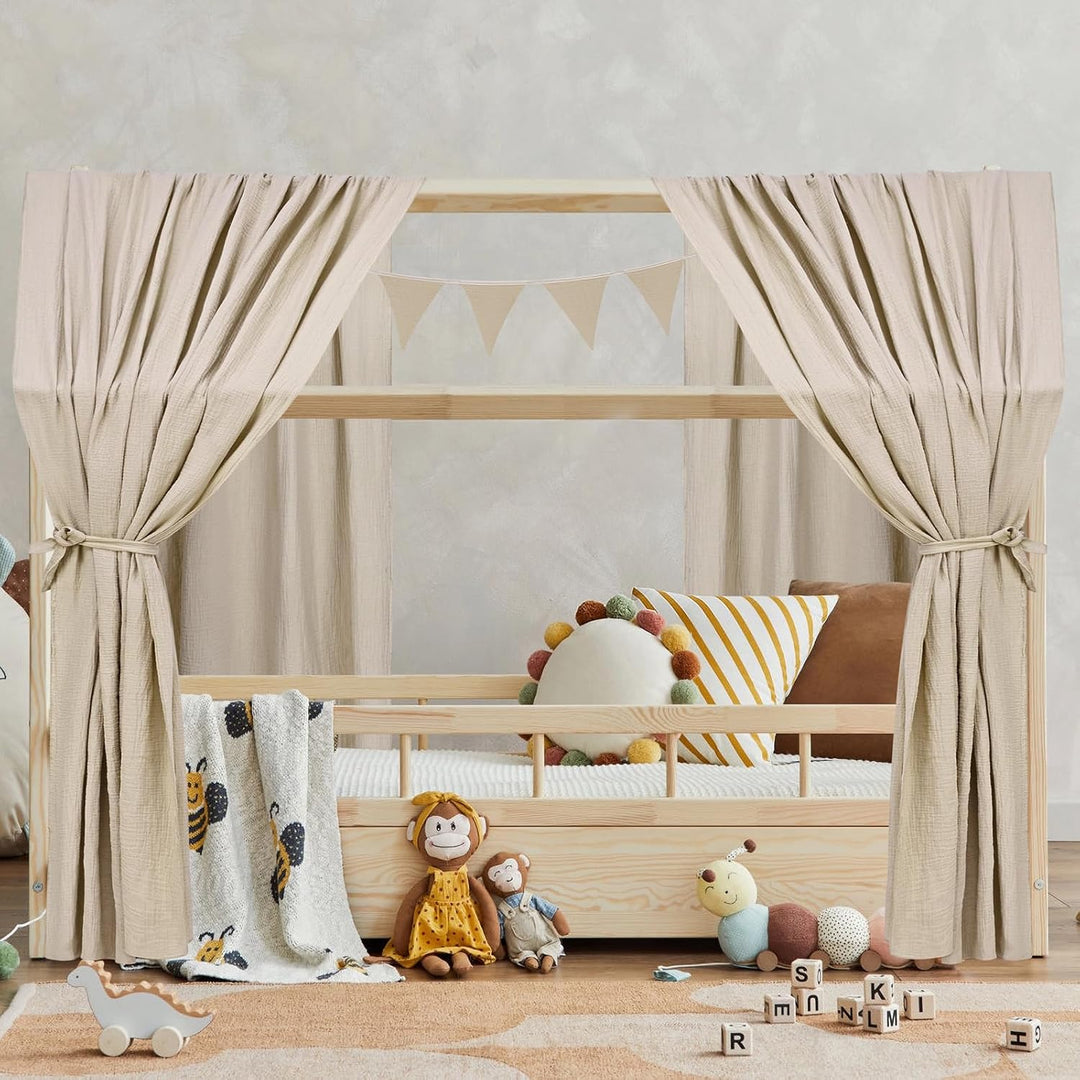 Alishomtll Hausbett Himmel Deko Set, 2 Betthimmel Hausbett aus 100% Baumwolle Musselin, 1 Wimpelkett