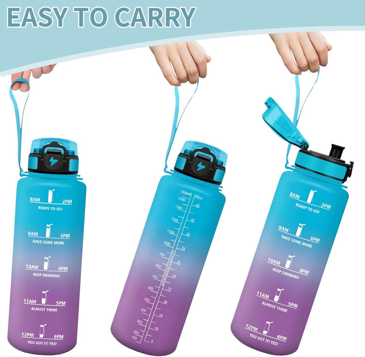 Trinkflasche, 1500ml Auslaufsicher mit Zeitmarkierung, Wasserflasche, Motivierende & mit Filter, Tri