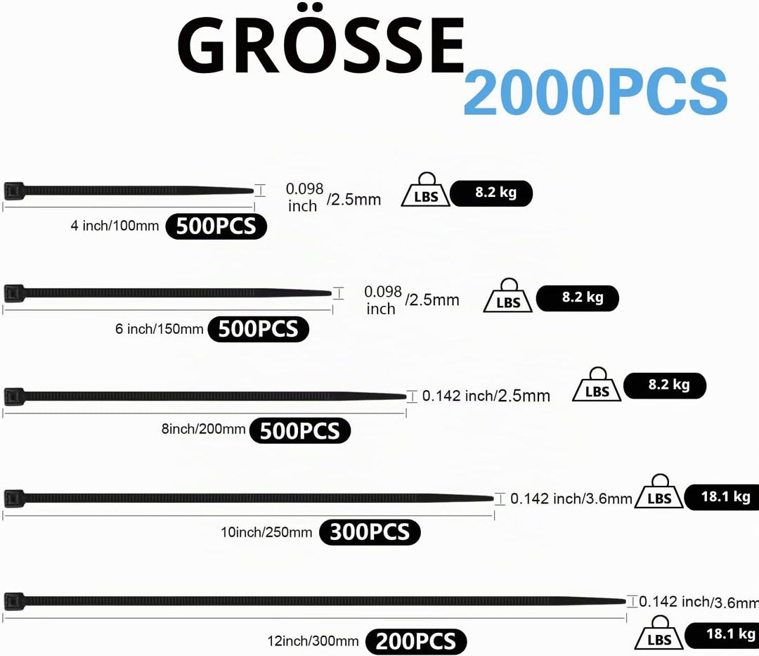 Armpow 2000 Stücks Kabelbinder Set - Schwarz, UV-Beständig, 100/150/200/250/300 mm, Selbsthemmend fü