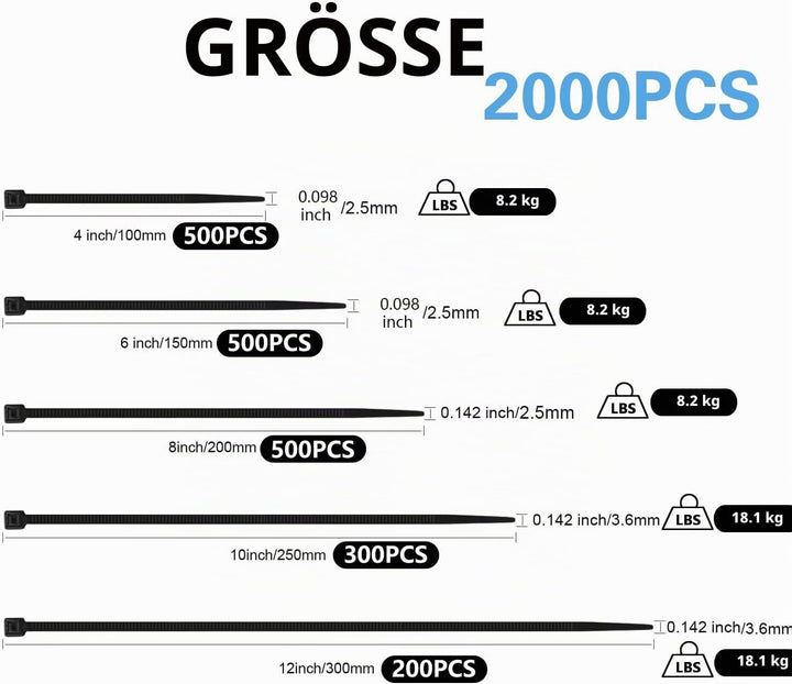 Armpow 2000 Stücks Kabelbinder Set - Schwarz, UV-Beständig, 100/150/200/250/300 mm, Selbsthemmend fü