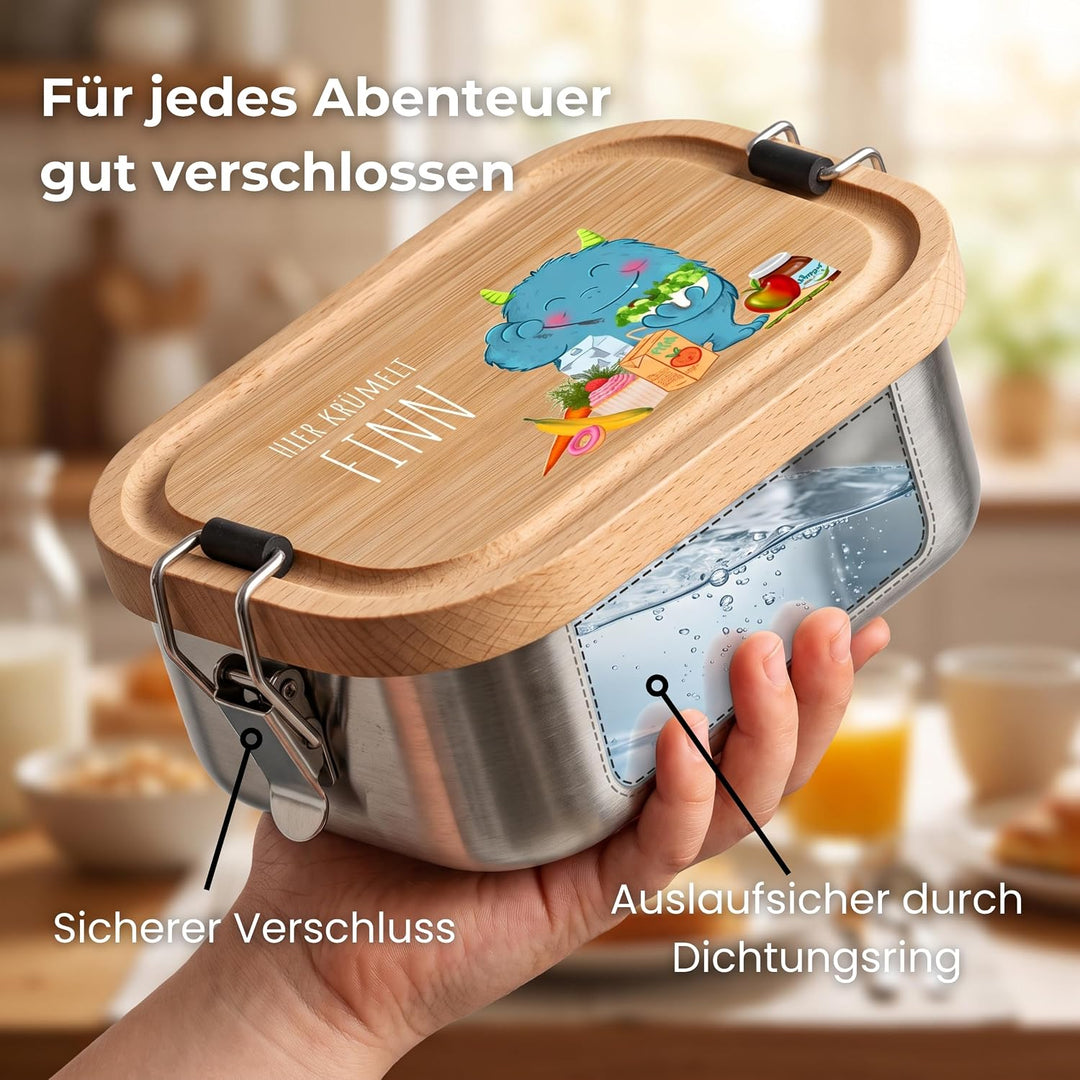 LOOXIS Personalisierte Lunchbox für Kinder – Personalisierbare Brotdose Namen und Motiv, Buchenholzd