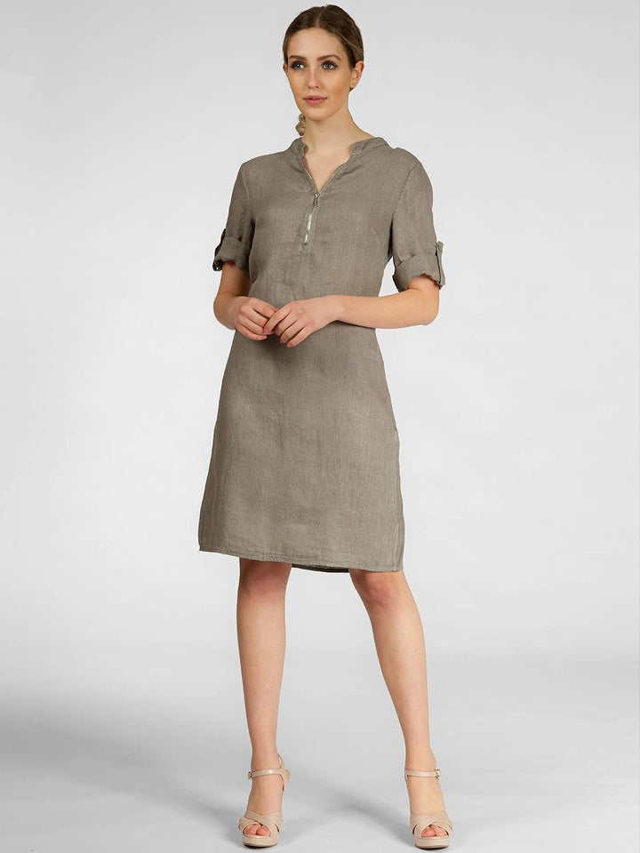 Caspar SKL037 stylisches knielanges Damen Sommer Leinenkleid mit Reissverschluss Ausschnitt 36 Taupe