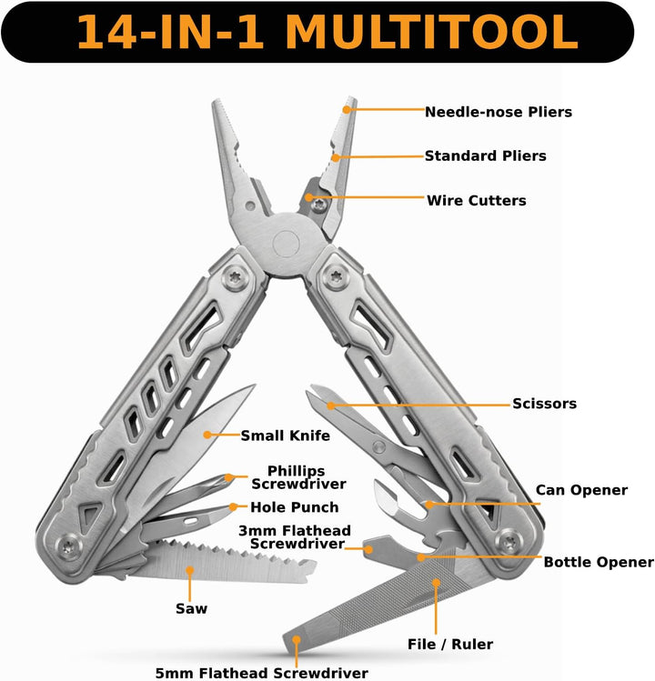 14-in-1-Multitool mit Messer – Multifunktionales EDC-Werkzeug aus Edelstahl Silber 02, Silber 02