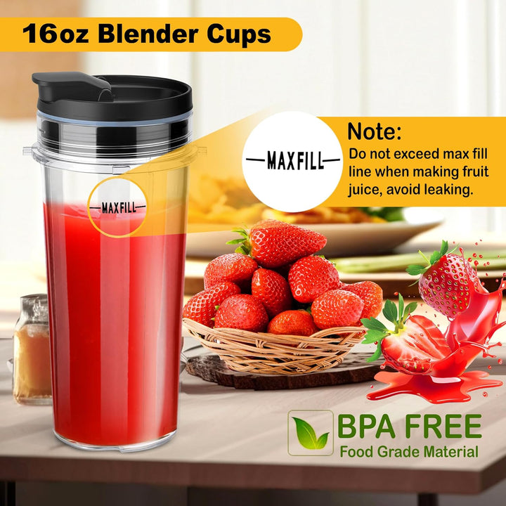 2Pcs Ersatz 16oz Blender Tassen mit 4Pcs Sip & Seal Deckel für Ninja, Single Serve Blender Cup für B
